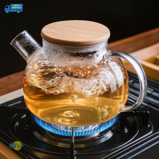 Chaleira de Vidro  Tampa de Bambu  1L Bule Infusor Borossilicato Resistente a Calor Cozinha