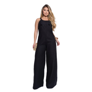 Macacão Feminino Pantalona Wide Leg Linho Botões  Alça com Amarração | Look Minimalista e Elegante | Verão 2025 em Oferta na Shopee