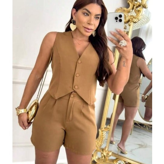 conjunto social feminino alfaiataria short e colete em Oferta na Shopee
