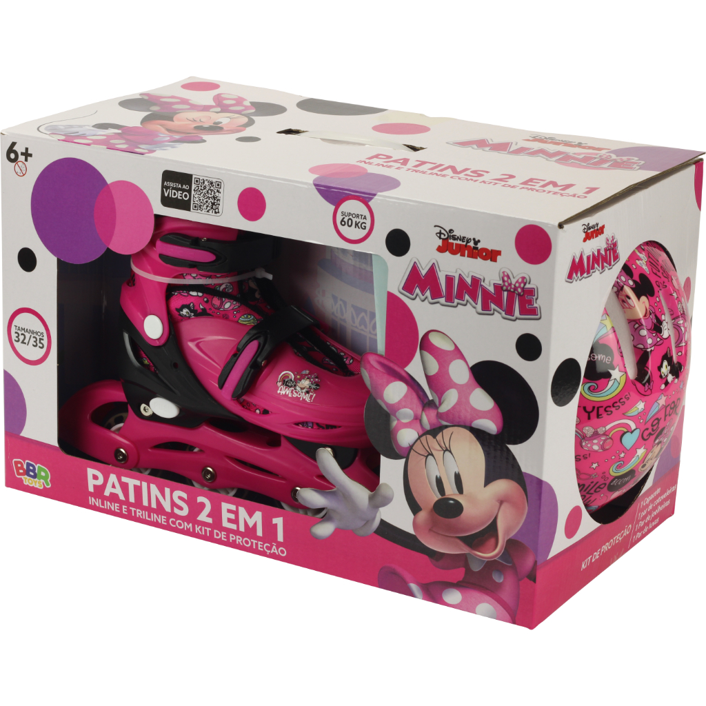 Kit Patins Minnie Disney 4 Rodas Rosa Meninas.-kit proteção-32/35 - Di0009 - Bbr Toys