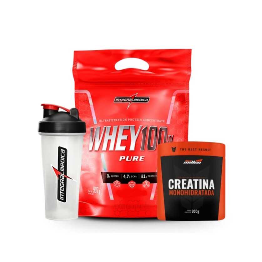 Kit Whey 100% Pure Refil 900g Integralmedica + Creatina 300g monohidratada 100% Pura New Millen + Coqueteleira 600 ml