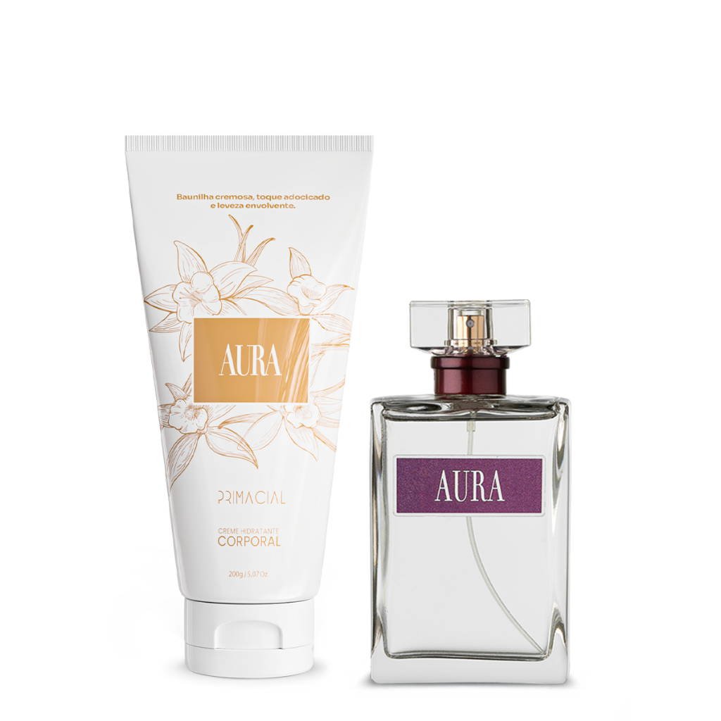 KIT FEMININO AURA CREME HIDRATANTE 200G + PERFUME 100ML - PRIMACIAL PERFUME GOURMAND BAUNILHA