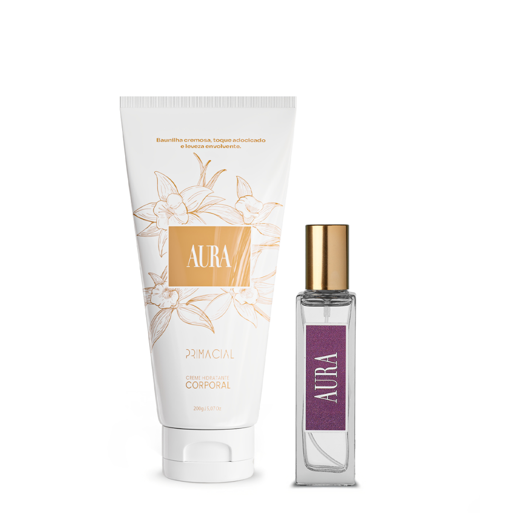 KIT PERFUME FEMININO AURA 30ML + CREME HIDRATANTE 200G - PRIMACIAL PERFUME FLORAL COM BAUNILHA