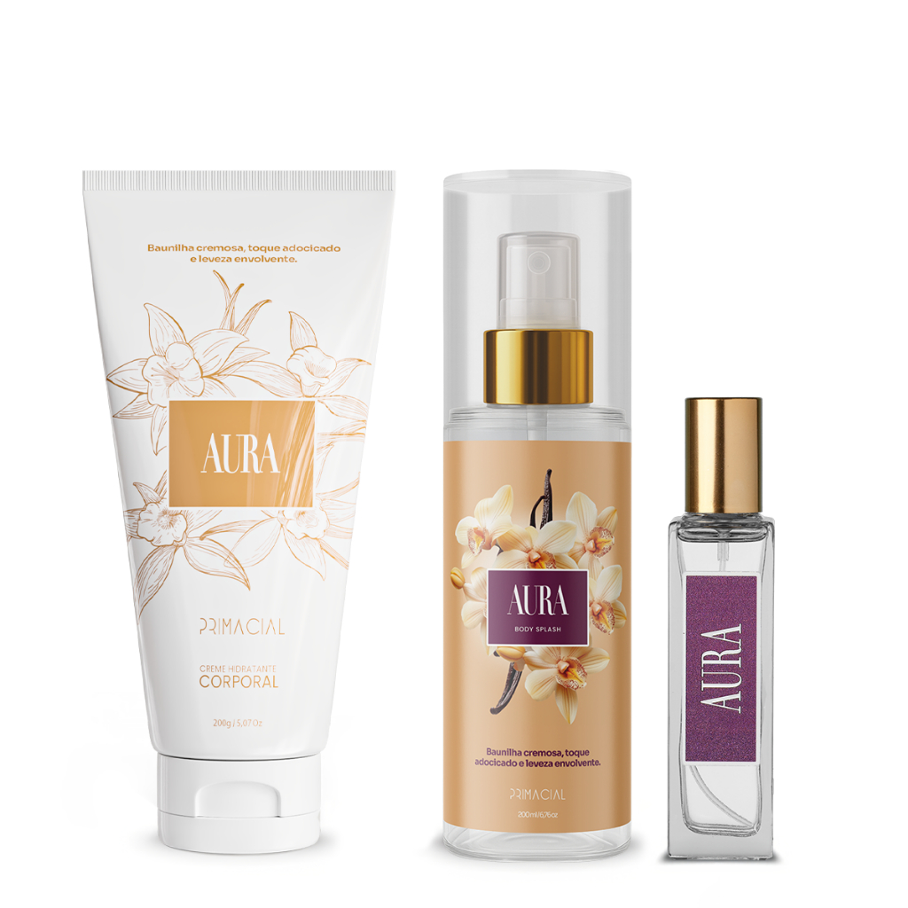 KIT FEMININO AURA CREME HIDRATANTE 200G + BODY SPLASH 200ML + PERFUME 30ML - PRIMACIAL PERFUME GOURMAND BAUNILHA