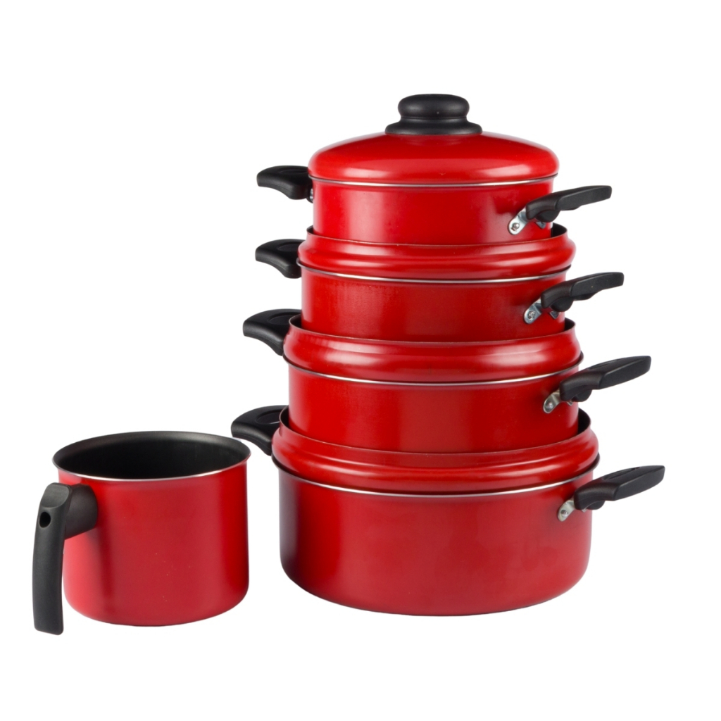 Jogo De Panelas Com Fervedor 5 Peças Vermelho Nacional em Oferta na Shopee