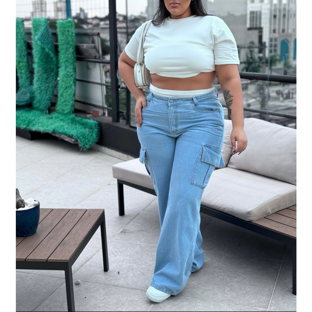 Calça Wide Leg Cargo Plus Size Feminina Cintura Alta com Bolsos Reais