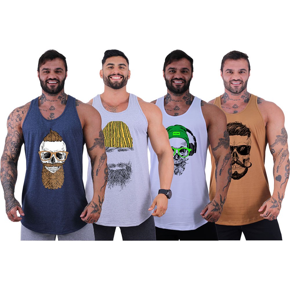 Kit 4 Regatas Longline Masculina Mxd Conceito Caveira Mustache