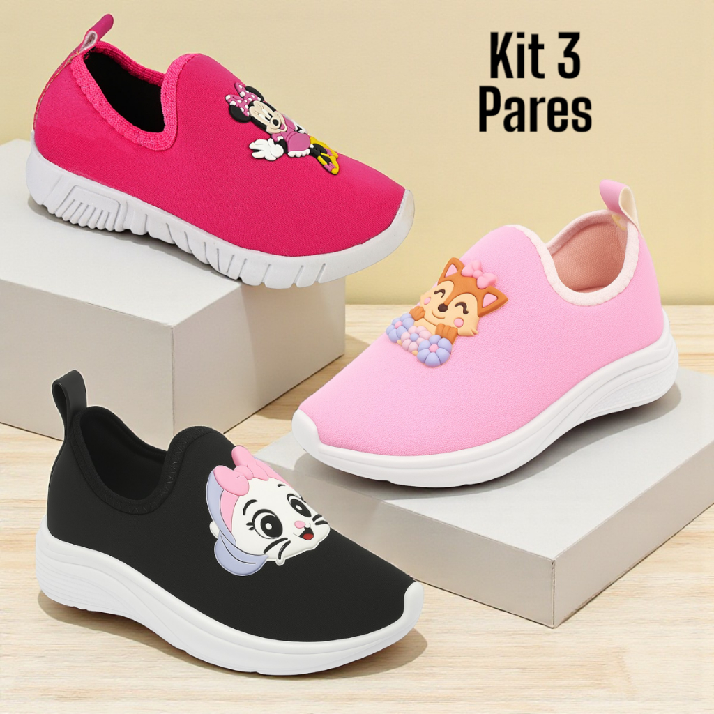 Kit 3 Pares Tênis Infantil Menina Personagens Confortável Leve Macio Dia a Dia Escolar