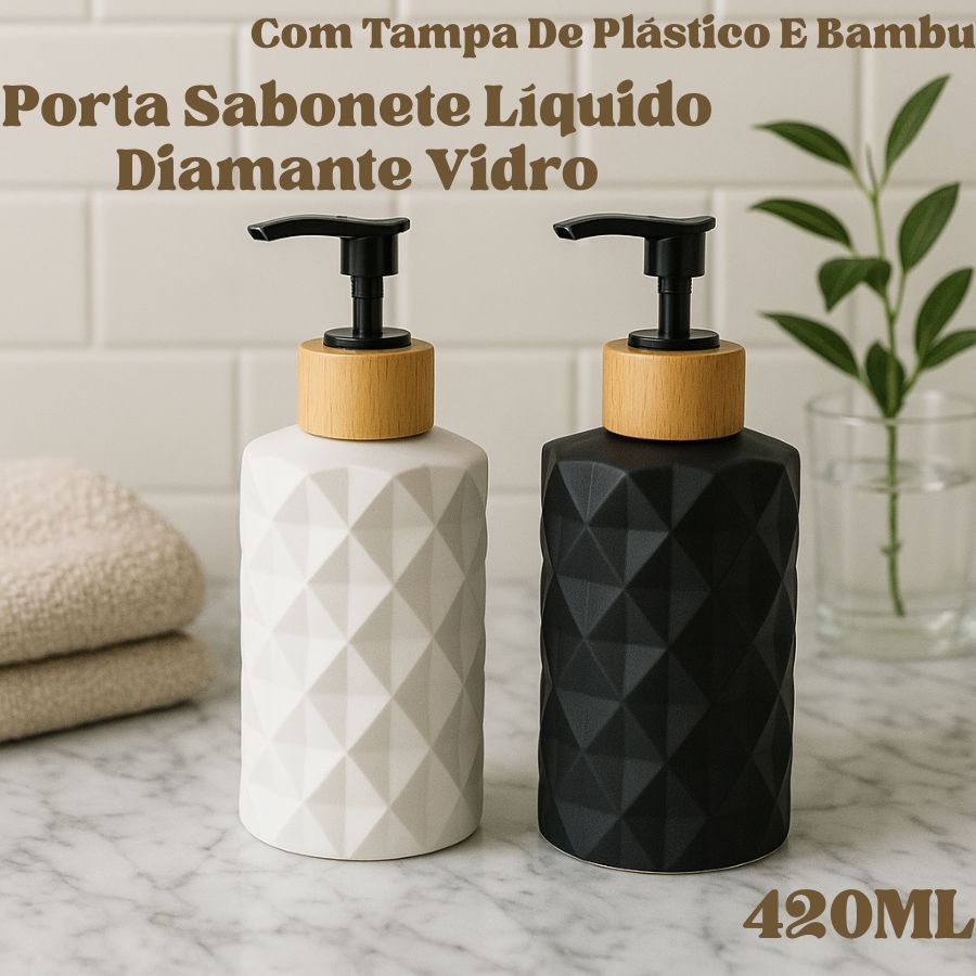 Porta Sabonete Líquido Diamante Vidro 420ML Banheiro Com Tampa De Plástico E Bambu Preto Ou Branco em Oferta na Shopee