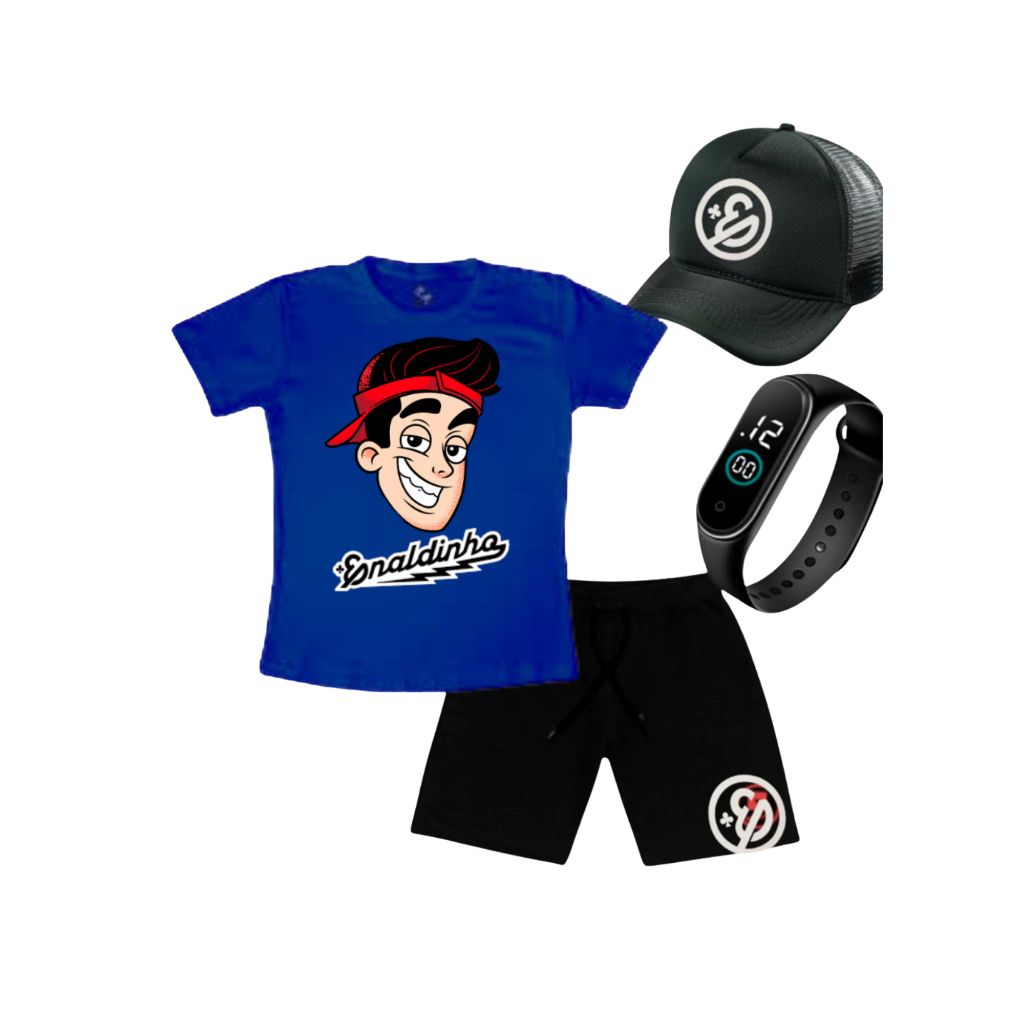 Camiseta Bermuda Infantil Enaldinho + bone + relogio kit pronta entrega