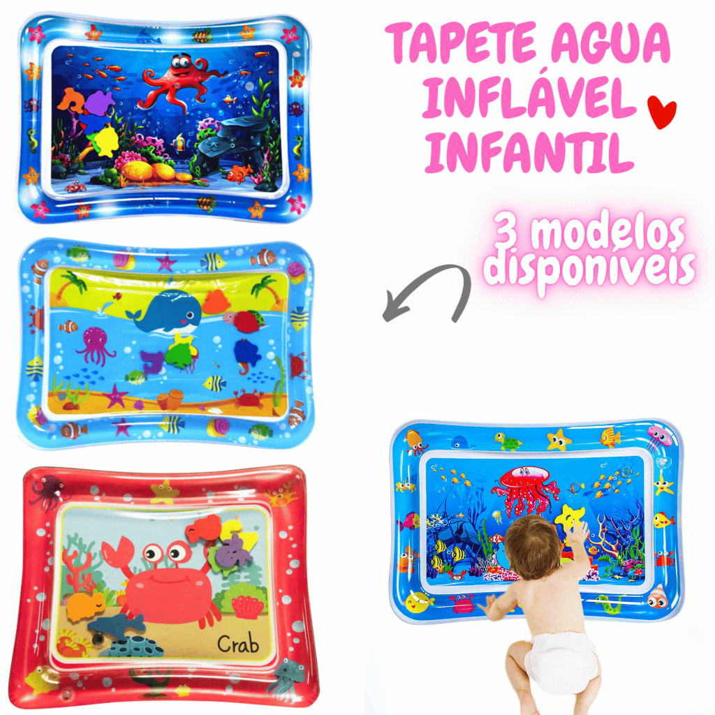 Tapete Térmico Sensorial Tatame Inflável de Água Bebê 66x50cm Brinquedo Educativo Verão Fundo do Mar