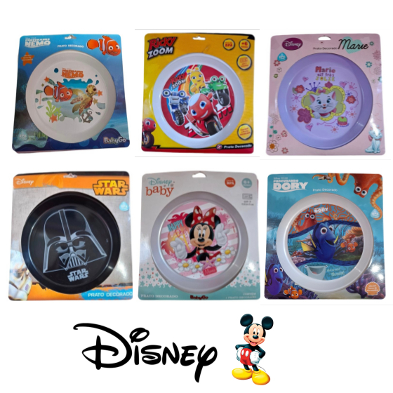 Prato Decorado Disney Personagens - +6 meses - BPA FREE - Nemo Marie Minnie Star Wars Darth Vader Dory Ricky Zoom
