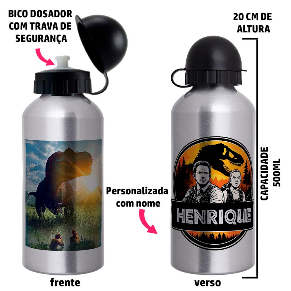 Garrafa Squeeze de alumínio 500ml - Tema Jurassic World Rebirth - Personalizada com nome