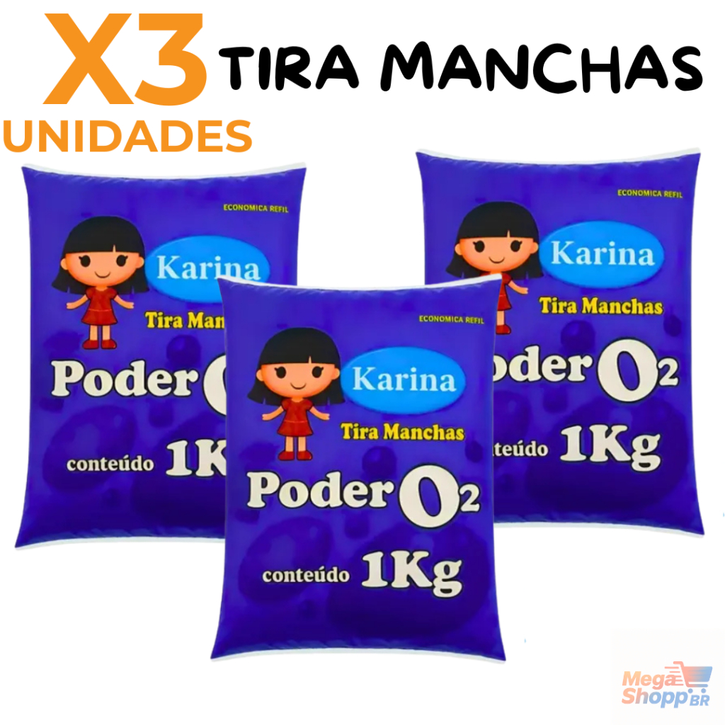 Kit 3 Tira Manchas Karina 1kg Poder O₂ Kit 3 Unidades Remove Manchas Difíceis Roupas Brancas Coloridas