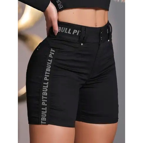BERMUDA MEIA COXA PRETA COM ELÁSTICO CRISTAL E MODELAGEM AJUSTADA PIT BULL JEANS Ref: 86191