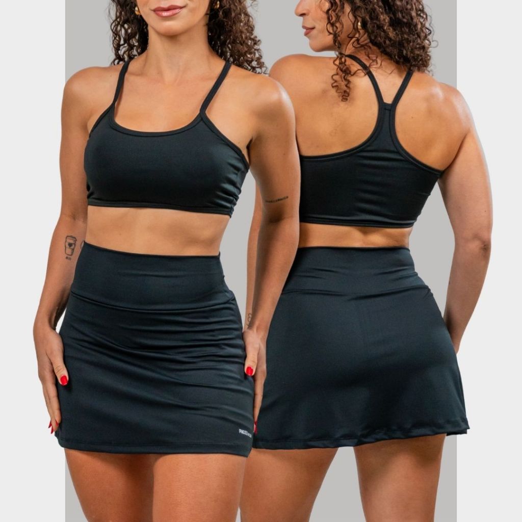 Conjunto Academia Top Nadador + Short Saia com 2 Bolsos Ocultos para celular/fones/chaves