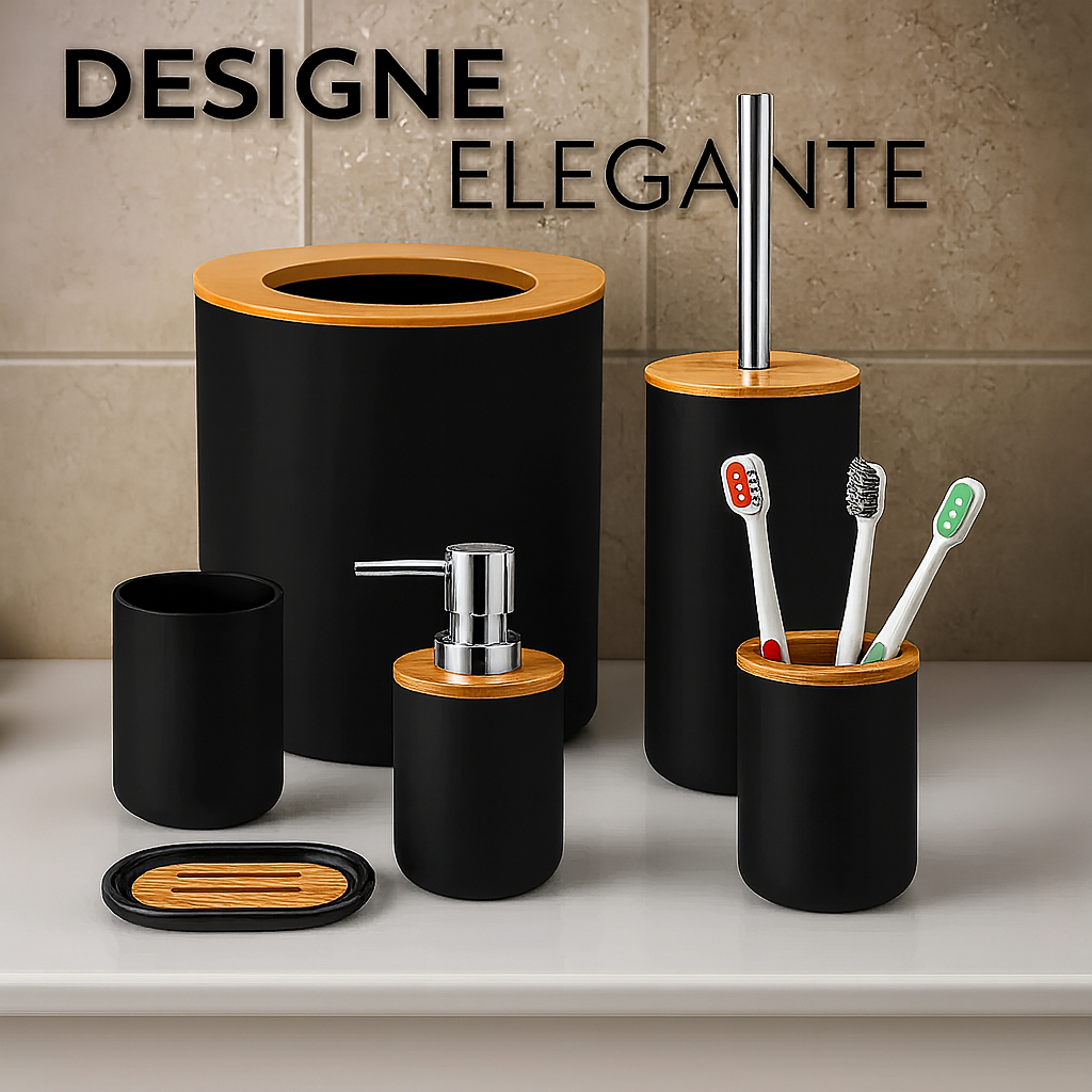 Kit Banheiro Lavabo Tampa Aberta Conjunto Acessórios lixeira escova 6 Peças Bambu Luxo em Oferta na Shopee