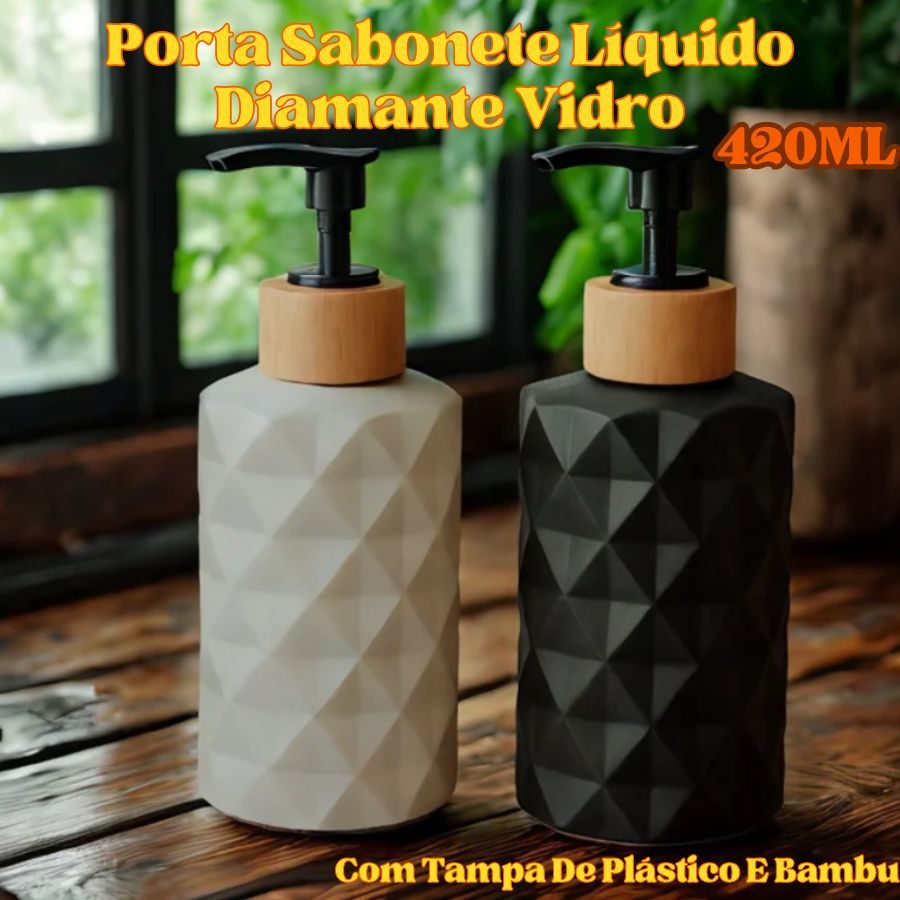 Porta Sabonete Líquido 420ML Diamante Vidro Banheiro Com Tampa De Bambu E Plástico Branco Ou Preto em Oferta na Shopee