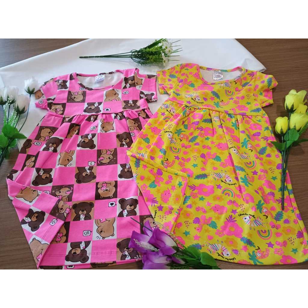 Kit 2 Vestidos Infantis Com Manga Menina Estampas Sortidas Verão Conforto do 1 ao 8 Anos