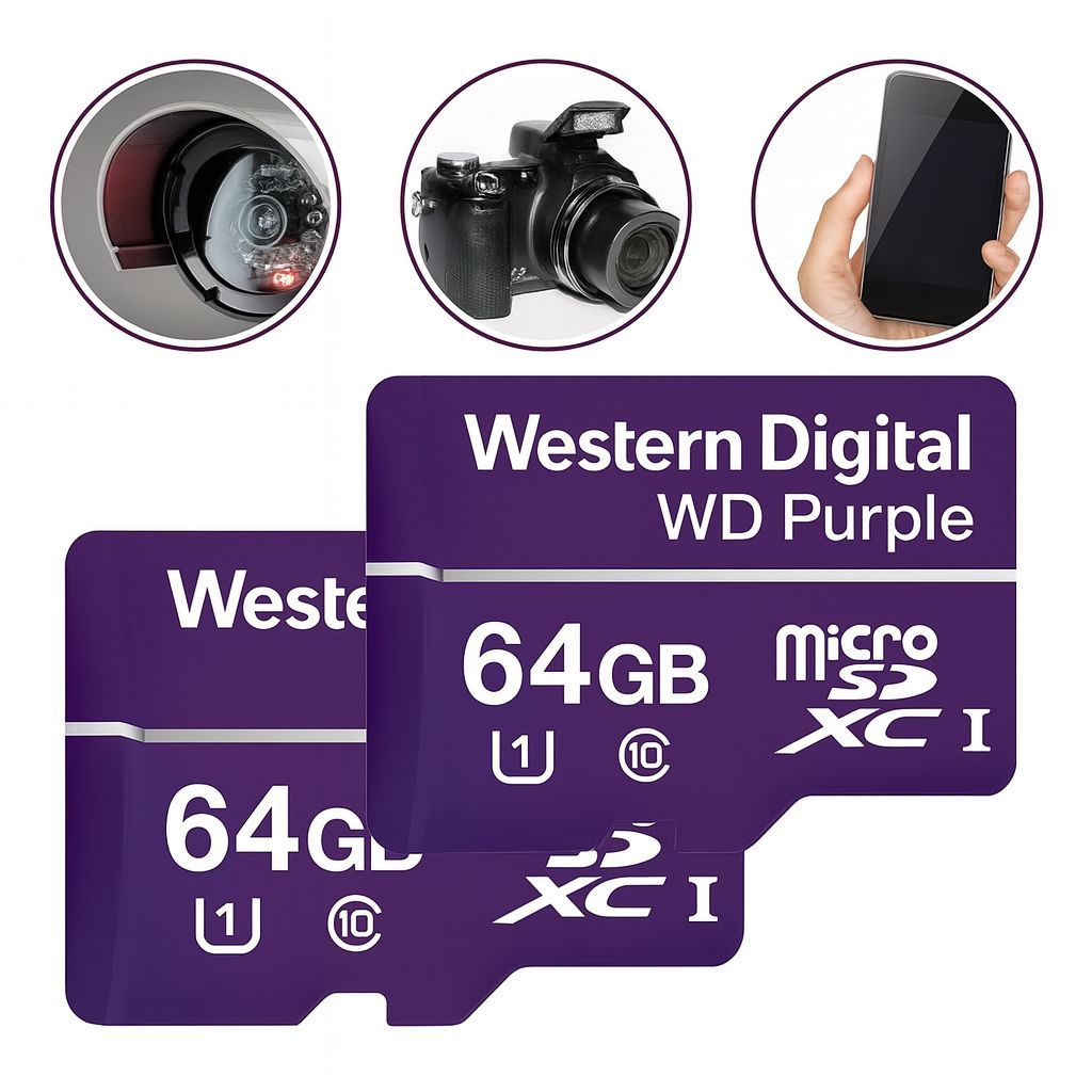 Cartão de Memória MicroSD 64GB Western WD Purple para Camera de Segurança Eletrônica.