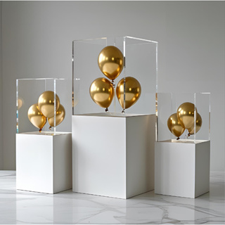 Trio de Cubos Vitrine em Acrílico 40/30/20cm c/ Base em MDF branco + Case para Transporte MDF 6mm -> Expositor Elegante em Oferta na Shopee