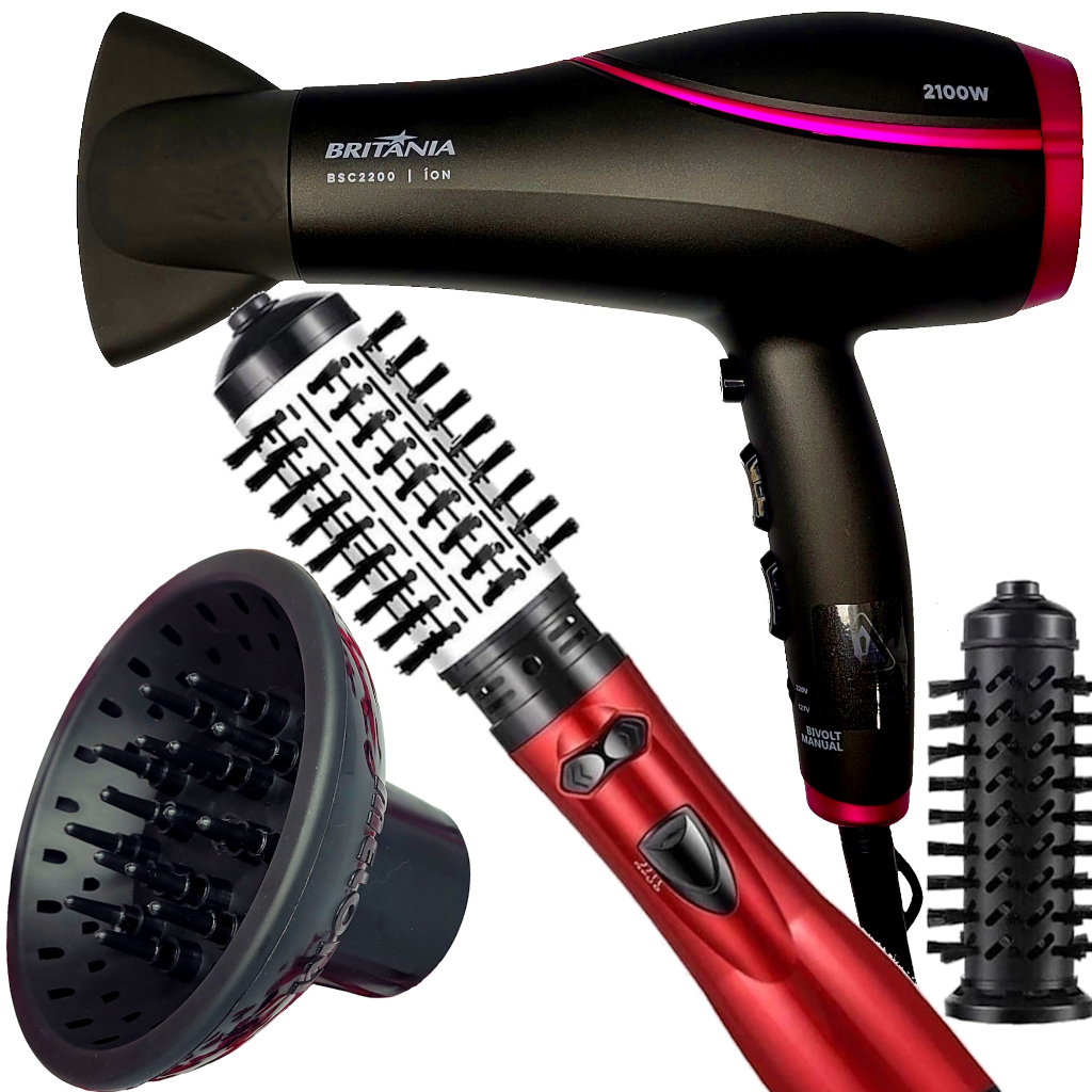 Secador De Cabelo Britania Profissional 2100w Tourmaline Ions Quente Frio Bs22 Difusor Escova Rotativa Modeladora 1000w