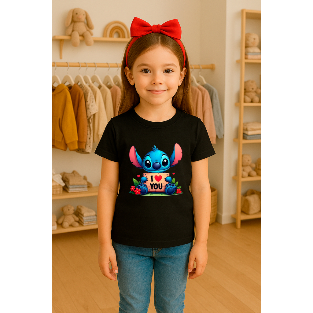 Camiseta Infantil Feminina Tshirt Stitch i love you Menina 100%Algodão para Meninas Jovens