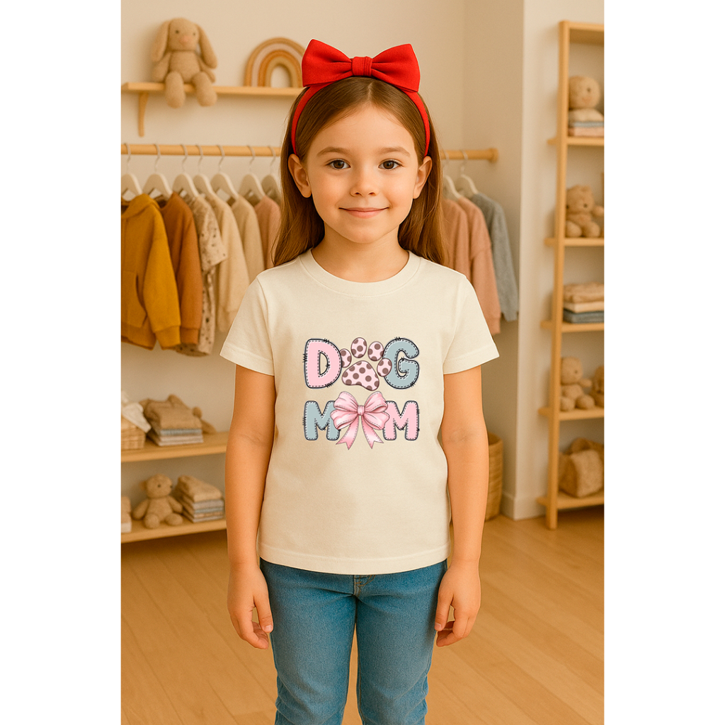 Camiseta Infantil Feminina Tshirt Dog Mom Laços Streetwear Menina 100%Algodão para Meninas Jovens