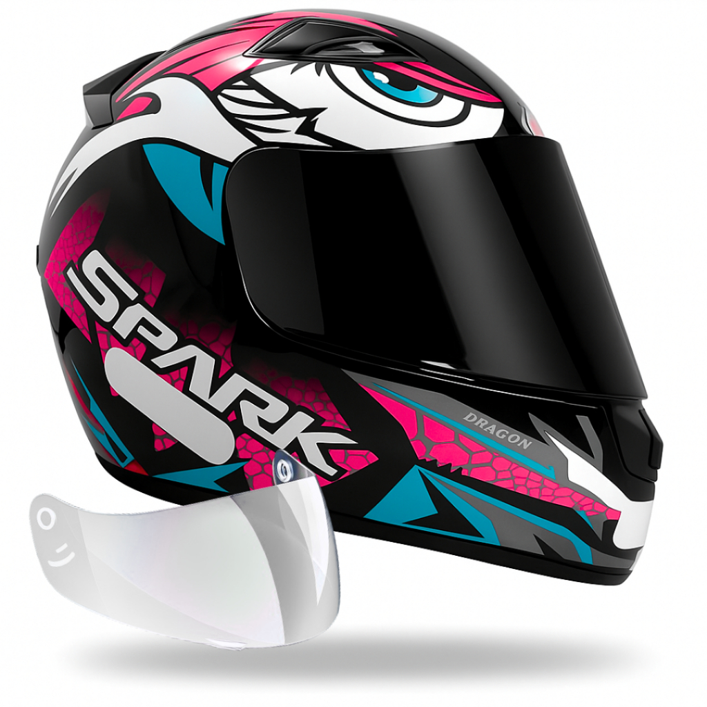 Capacete Feminino Moto Ebf Spark Dragon Preto Rosa Mais Viseira Fumê