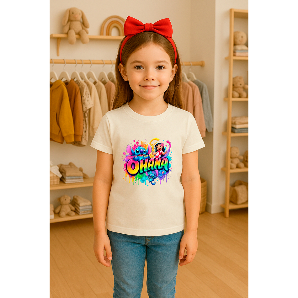 Camiseta Infantil Feminina Tshirt Stitch Ohana Streetwear Menina 100%Algodão para Meninas Jovens