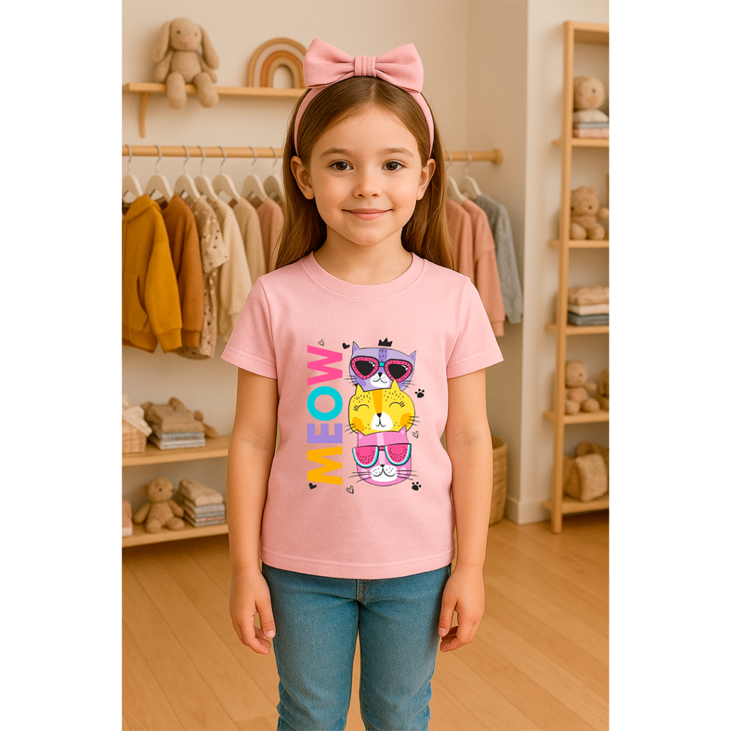 Camiseta Infantil Feminina Tshirt Meow Gatinho Streetwear Menina 100%Algodão para Meninas Jovens