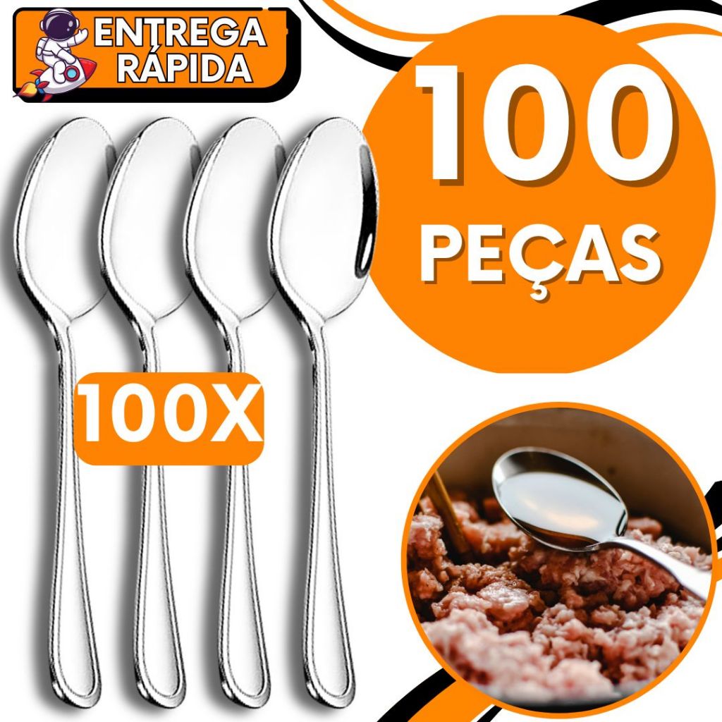 KIT 100 Colher Mesa Sopa Caldo Arroz Risoto Pure Aço Inox Resistente Talher Grande Casa Cozinha Restaurante Pizzaria