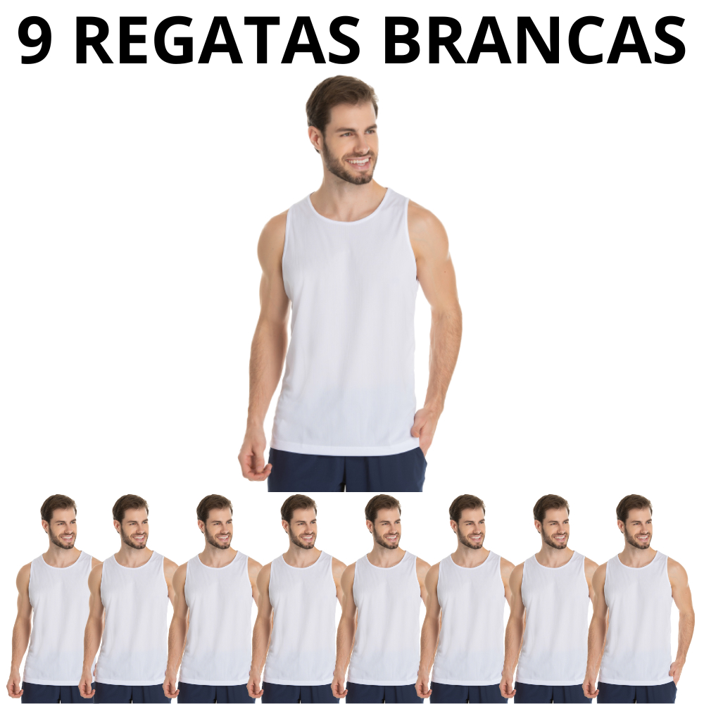 Kit 9 Camisas Regata Branca Proteção 100% Camiseta Poliéster Sublimação Confort