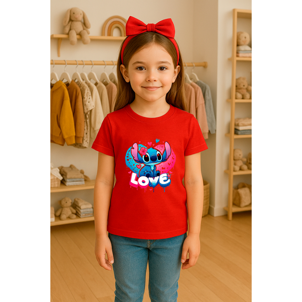 Camiseta Infantil Feminina Tshirt Stitch Love Streetwear Menina 100%Algodão para Meninas Jovens