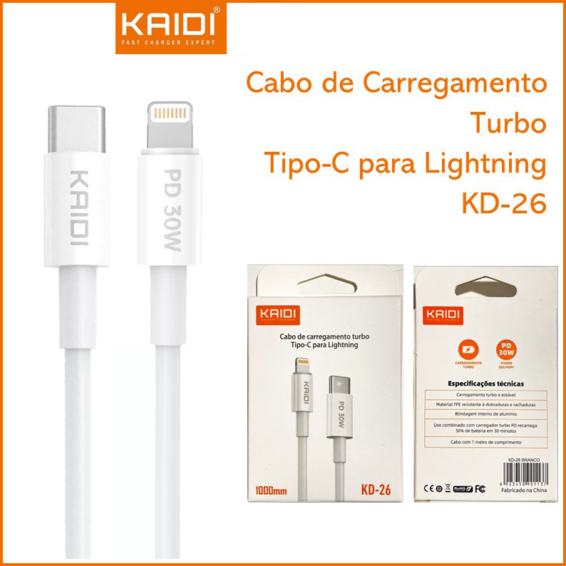 Cabo de Dados e Carregamento Turbo Tipo-C para Lighting KAIDI KD-26 Potência Máxima: 30w