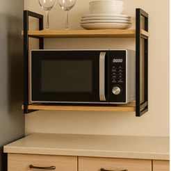 Prateleira Dupla Suspensa Industrial Suporte Microondas Forno Air Fryer Ferro Madeira Pinus