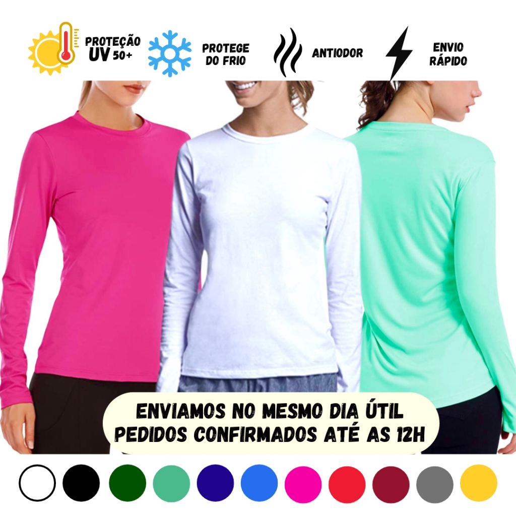Camisa Feminina UV 50+ Manga Longa Praia Piscina Proteção Solar P ao XG