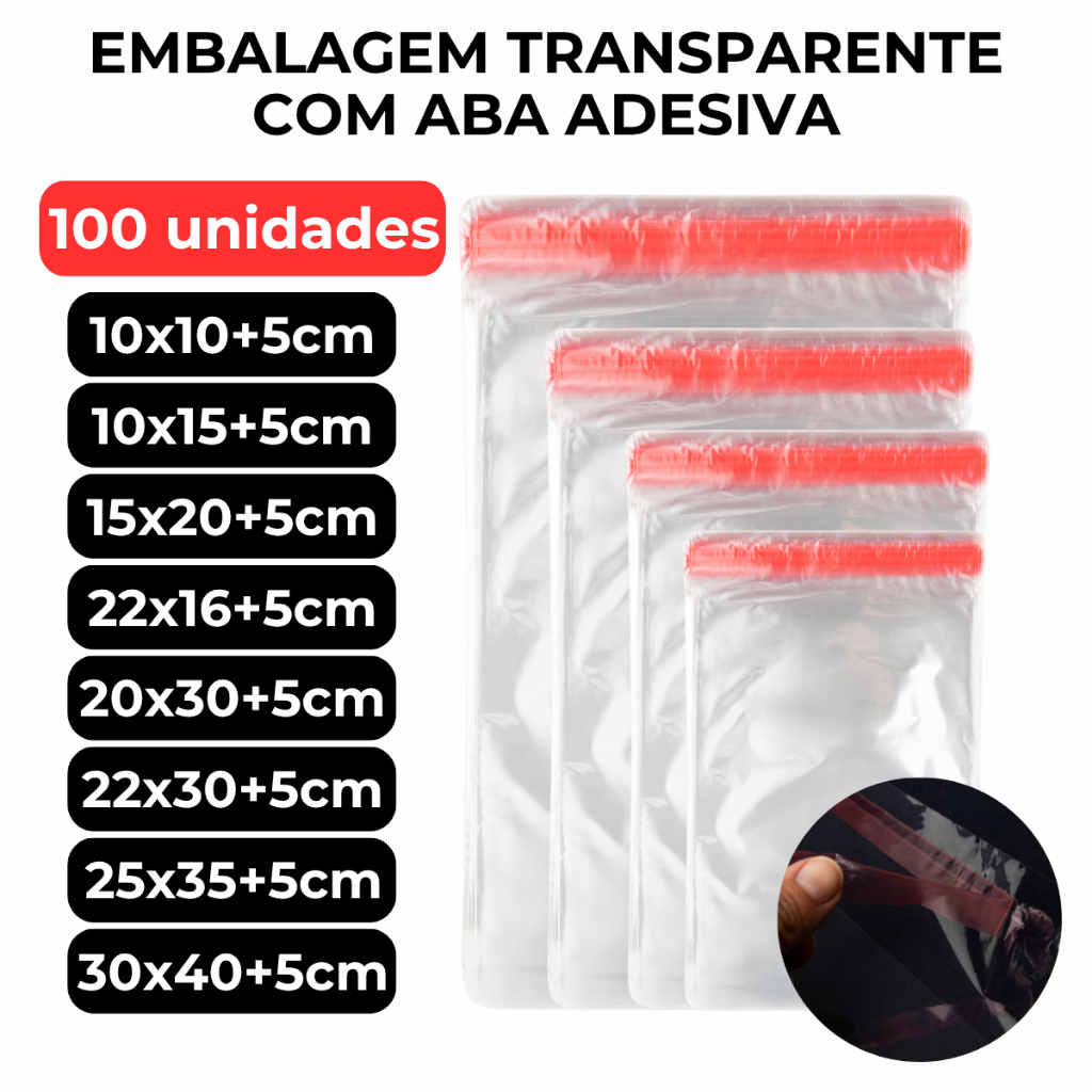 Kit 100un Saco Plástico Embalagem Transparente Saquinho Adesivado Com Aba Ideal Roupas Abre e Fecha