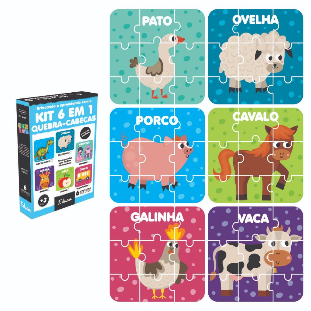 Kit 6 Quebra Cabeça Mdf 9 Peças Jogo pedagógico Infantil Educativo Didático (6 temas)