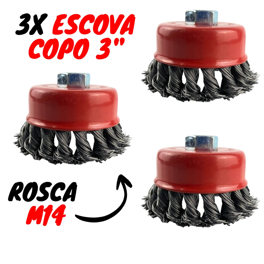 Kit 3 Escova De Aço Copo 3'' Trançada Rosca M14 Industrial