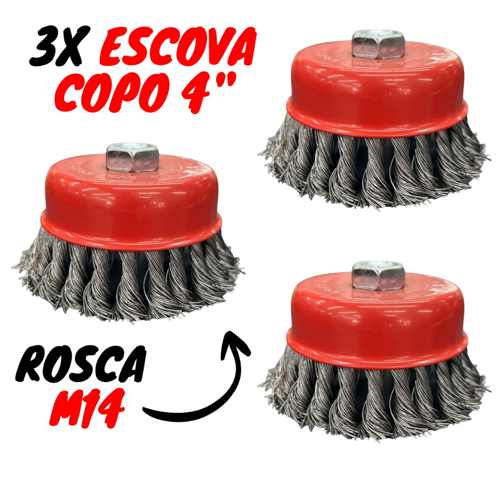 Kit 3 Escova De Aço Copo 4'' Trançada Rosca M14 Industrial