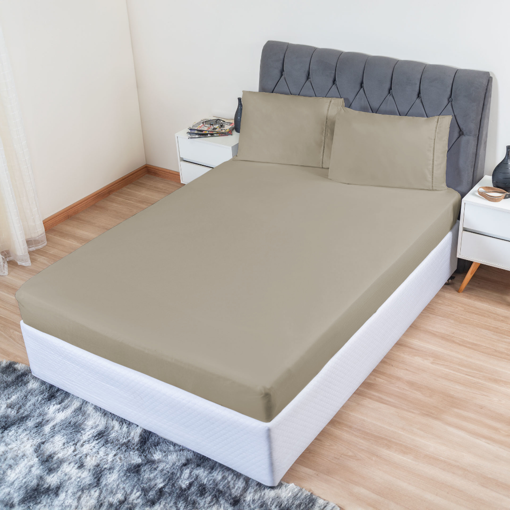 Jogo de Cama Lençol Casal 100% Algodão 3 Peças Bege Com Elástico Cama Box