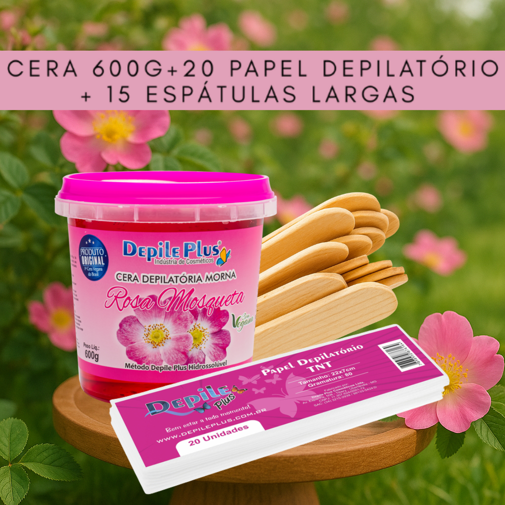 Kit Cera Depilatoria 600g Hidrossolúvel + Papel Depilatorio 20 Unidades + Espátula Larga 15 Unidades