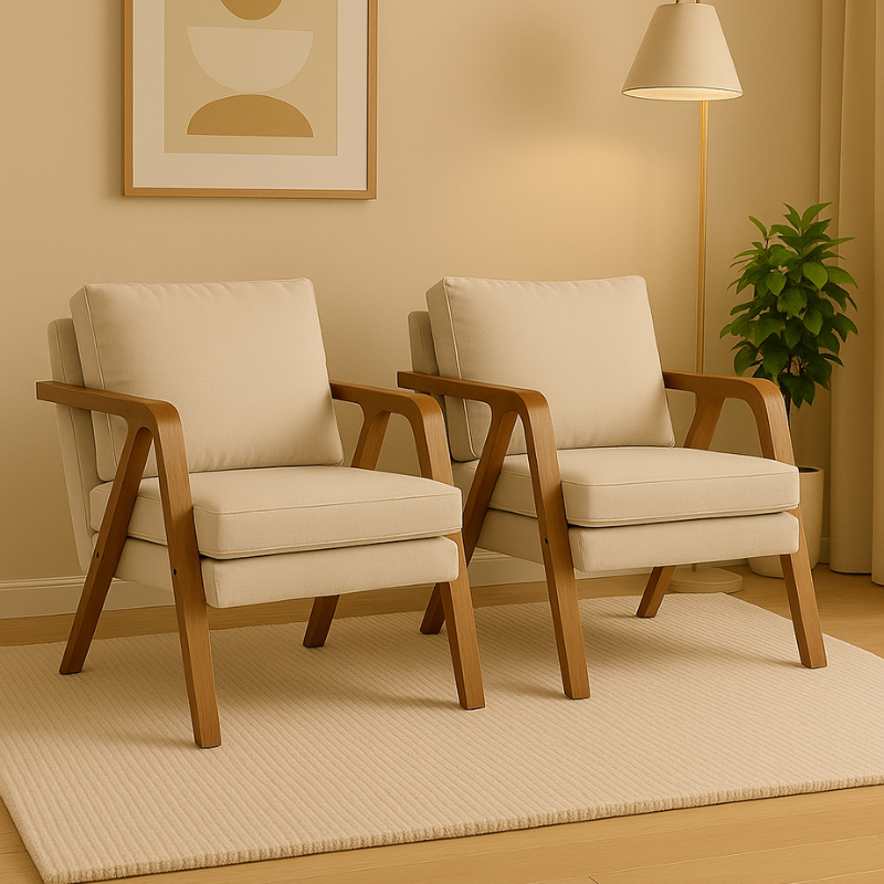 Kit 2 Poltronas Mona Linho Estofada Decorativa Luxo Pés De Madeira Maciça Sala Estar Recep...