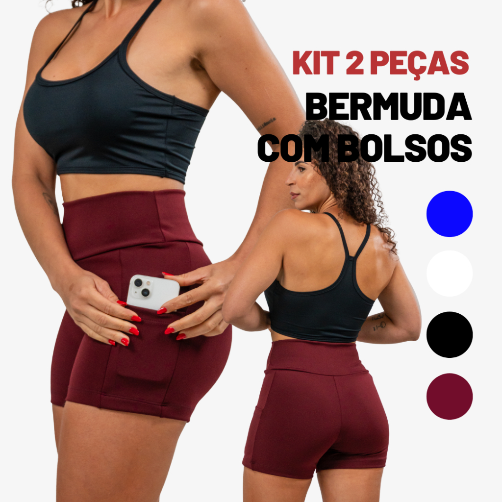 KIT2 Bermuda Feminina Legging pra Atletismo Corrida Academia com Dois Bolso pra Celular Cós alto