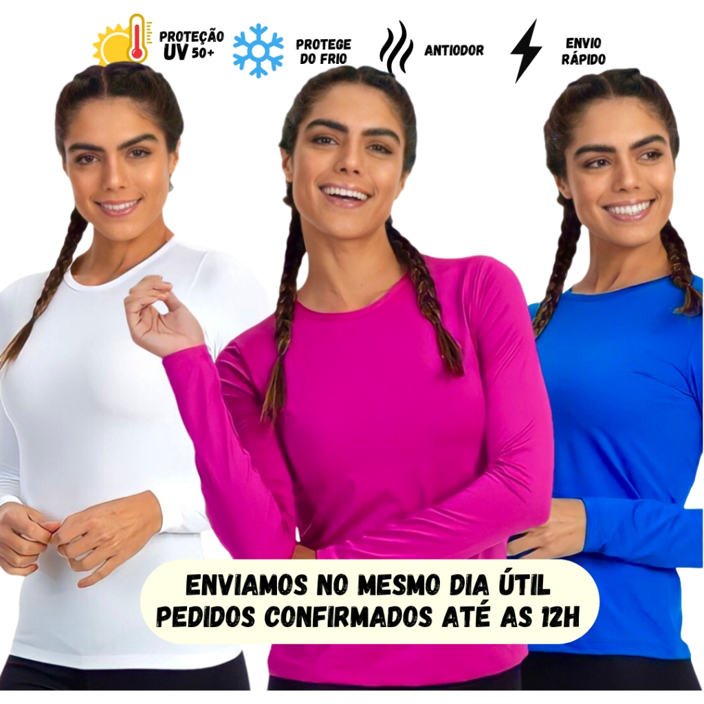 Camisa Feminina Proteção Solar Uv+50 Camiseta Segunda Pele Térmica Longa Moda Praia Promoção Blusa