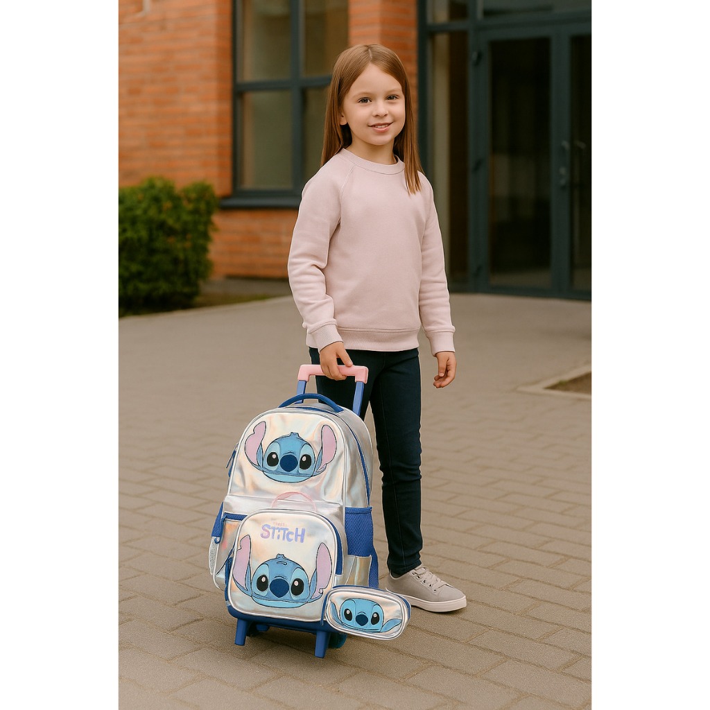 Kit Mochila Bolsa Escolar De Rodinhas Stitch Holografica Com Lancheira E Estojo Original