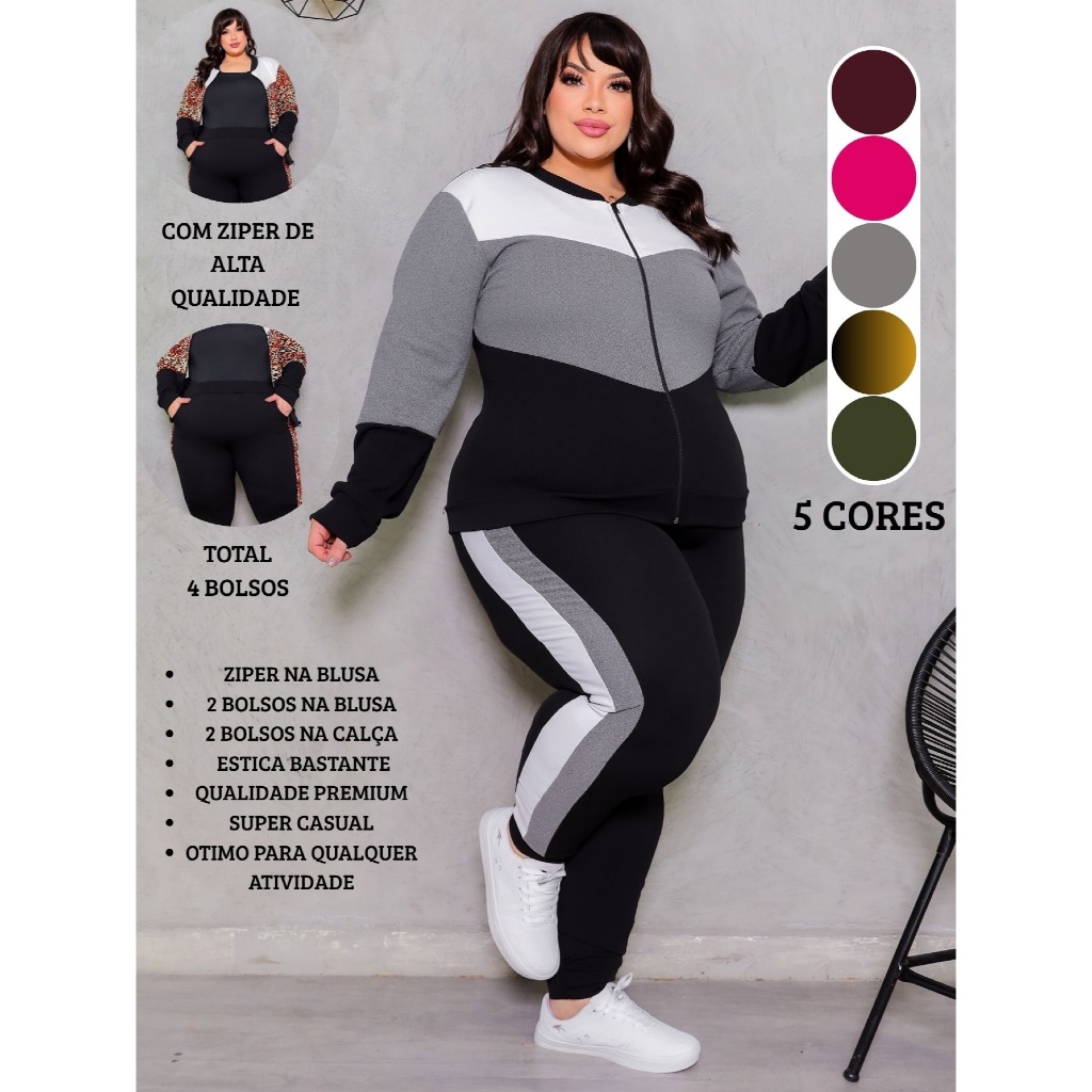 Conjunto Feminino Plus Size Inverno ( G1 ao G3 ) Calça Com Bolsos e Blusa Manga Longa Com Ziper Moda Blogueira Tecido em Oferta na Shopee