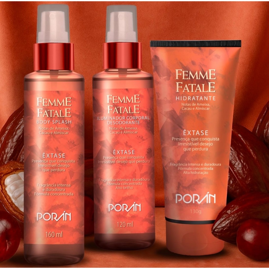 Kit Perfumado Feminino Hidratante, Body Splash, Iluminador  - Femme Fatale Êxtase Porán