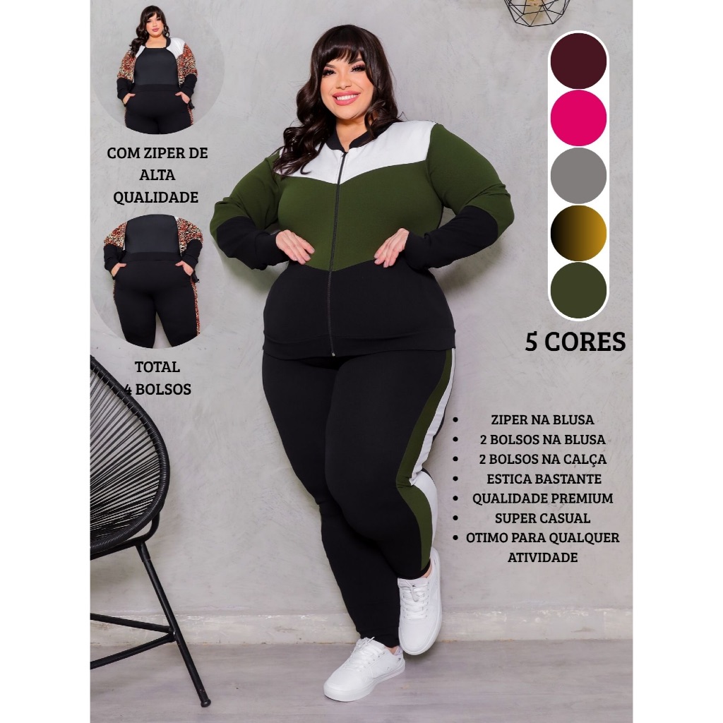 Agasalho Feminino Plus Size Linha Premium Blusa Manga Longa Com Ziper e Calça Jogger Conjunto Feminino Plus Size Moda S em Oferta na Shopee